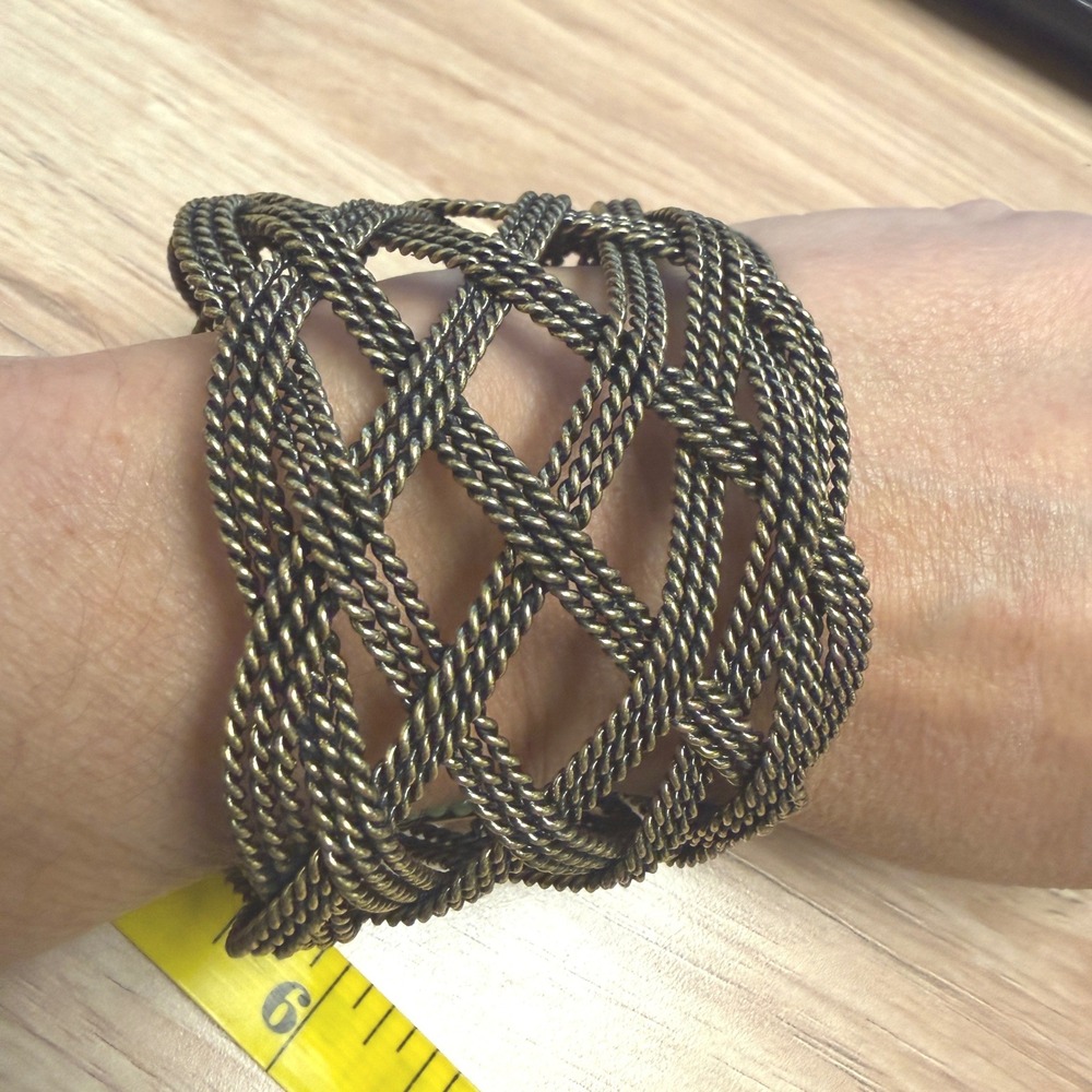Vintage Bronze Woven Lattice Cuff Bracelet Wide Twisted Rope Chain Statement